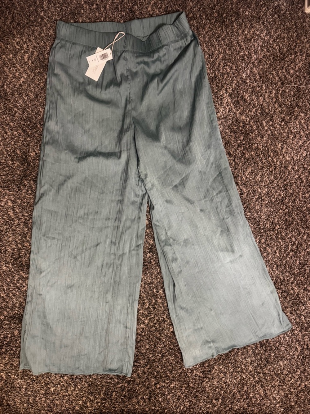 Z Supply Pleated Wide-Leg Satin Pants in Teal Green